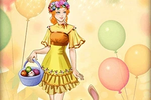 Nainen keltaisessa mekossa pitää koria, jossa on värikkäitä munia, ja hänen vierellään on ilmapalloja ja jänis