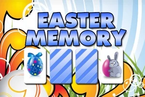 Tekstissä lukee Easter Memory ja kuvassa on pääsiäismuna ja pääsiäispupun kortit sekä värikkäitä kukkia taustalla