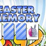 Tekstissä lukee Easter Memory ja kuvassa on pääsiäismuna ja pääsiäispupun kortit sekä värikkäitä kukkia taustalla