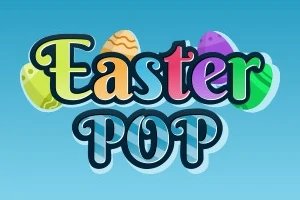 Tekstissä lukee Easter POP värikkäiden pääsiäismunien kanssa sinisellä taustalla