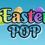 Tekstissä lukee Easter POP värikkäiden pääsiäismunien kanssa sinisellä taustalla