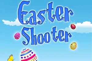 Sinisellä taustalla on teksti Easter Shooter, jota ympäröivät värikkäät pääsiäismunat ja pilvenhattarat