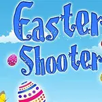 Sinisellä taustalla on teksti Easter Shooter, jota ympäröivät värikkäät pääsiäismunat ja pilvenhattarat