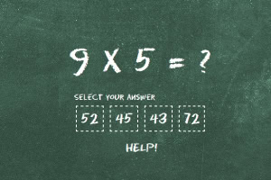 Matemaattinen tehtävä liitutaululla: 9 X 5 = ?