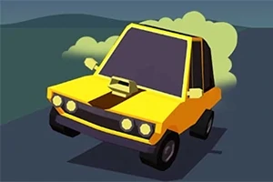 Keltainen, kulmikkaan muotoinen auto ajamassa tiellä tummassa ympäristössä