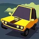 Keltainen, kulmikkaan muotoinen auto ajamassa tiellä tummassa ympäristössä