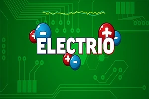 Vihreällä taustalla keskellä on suurikokoinen teksti ELECTRIO, jota ympäröivät punaiset ja siniset pallot, joissa on plus- ja miinusmerkit