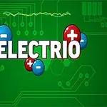 Vihreällä taustalla keskellä on suurikokoinen teksti ELECTRIO, jota ympäröivät punaiset ja siniset pallot, joissa on plus- ja miinusmerkit
