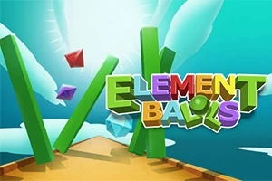Värikkäät 3D-kirjaimet muodostavat tekstin Element Balls taivaansinistä taustaa vasten, jossa on leijuvia geometrisia muotoja ja pilviä
