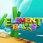 Värikkäät 3D-kirjaimet muodostavat tekstin Element Balls taivaansinistä taustaa vasten, jossa on leijuvia geometrisia muotoja ja pilviä