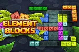Värikkäitä lohkoja eri symboleilla ja tekstillä Element Blocks trooppisten lehtien keskellä ruudukolla