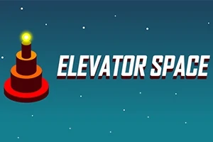 Sinisellä tähtitaustalla oleva punainen torni, jossa on keltainen valo huipulla, vieressään teksti ELEVATOR SPACE