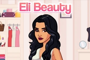 Animaatiohahmo, jolla on pitkät mustat hiukset, seisoo vaatekaapin edessä ja yläpuolella lukee Eli Beauty