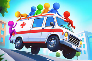 Ambulanssi ajaa mäkeä ylös, ja sen päällä ja kyljillä on värikkäitä hahmoja