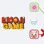 Kuvassa on suuri Emoji Game -teksti, sekä emojit kukasta, possun nenästä, pilvestä, mehiläisestä, possusta ja sateenvarjosta, joissa on yhdistäviä viivoja ja punainen rasti