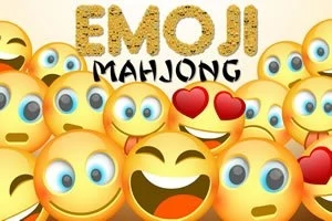 Useita erilaisia hymiöitä, kuten nauravia ja sydänsilmähymiöitä, taustalla sana EMOJI MAHJONG
