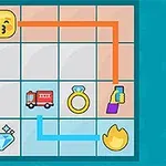 Emojien ruudukko, jossa on suorat oranssit ja siniset viivat yhdistäen eri esineitä kuten timantin, tulen ja rengasemojiin