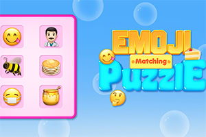 Vaaleansinisellä taustalla vasemmalla on joukko hymiöitä vaaleanpunaisessa ruudukossa ja oikealla on värikäs teksti Emoji Matching Puzzle