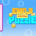 Vaaleansinisellä taustalla vasemmalla on joukko hymiöitä vaaleanpunaisessa ruudukossa ja oikealla on värikäs teksti Emoji Matching Puzzle