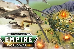 Empire: World War 3 Helikopteri lentää taistelualueen yllä, jossa näkyy räjähdyksiä ja infrastruktuuria