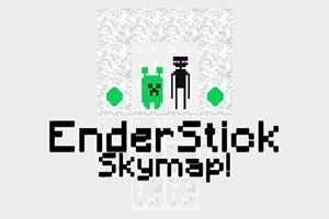 Valkoisella taustalla on pikselöidyt vihreä hahmo ja musta hahmo vieretysten, kaksi vihreää jalokiveä, sekä teksti EnderStick Skymap