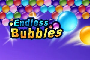 Värikäs kuplarivi violetilla taustalla ja teksti Endless Bubbles