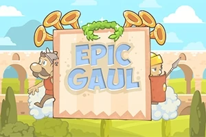 Kaksi piirroshahmoa viikinki ja roomalainen kilpeineen seisovat pilvien päällä kyltin ympärillä, jossa lukee Epic Gaul, taustalla roomalaisarkkitehtuuria