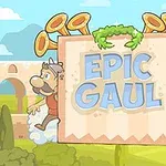 Kaksi piirroshahmoa viikinki ja roomalainen kilpeineen seisovat pilvien päällä kyltin ympärillä, jossa lukee Epic Gaul, taustalla roomalaisarkkitehtuuria