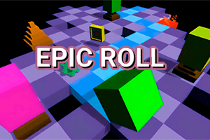 Värikkäitä kuutioita ja lohkoja liukenee ja liikkuu violetilla ja sinisellä ruudullisella alustalla, keskellä isolla vaaleanpunaisella tekstillä EPIC ROLL