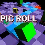 Värikkäitä kuutioita ja lohkoja liukenee ja liikkuu violetilla ja sinisellä ruudullisella alustalla, keskellä isolla vaaleanpunaisella tekstillä EPIC ROLL