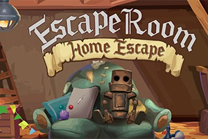 Tila esittää ullakkohuonetta, jossa on vanha sohva, nallekarhu ja työkalu, ja sen yläpuolella lukee Escape Room Home Escape
