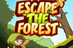Sarjakuvamainen kuva, jossa on metsämaisema ja puuhahmo vihreässä asussa, sekä teksti Escape the Forest