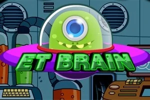 Vihreä yksisilmäinen avaruusolio lentävässä lautasessa laboratoriossa tekstillä ET BRAIN