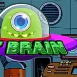 Vihreä yksisilmäinen avaruusolio lentävässä lautasessa laboratoriossa tekstillä ET BRAIN