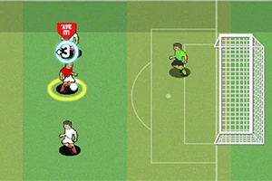 Piirrosjalkapallo-ottelu, jossa kaksi pelaajaa ja maalivahti kentällä