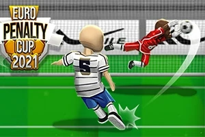 Jalkapalloilija potkaisee palloa maalia kohti toisen pelaajan torjuessa, ja kuvan vasemmassa reunassa on teksti Euro Penalty Cup 2021