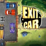 Parkkipaikka, jossa on värikkäitä autoja ja teksti EXIT CAR oikealla