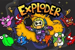 Astronautti lentämässä musta pallo kädessä, ympärillään värikkäitä hahmoja ja teksti Exploder taustalla