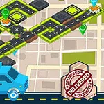 Pelilaudan tyylinen katuverkosto kartan päällä, jossa on pieni valkoinen auto ja suuri sininen pakettiauto, sekä Delivered -leima