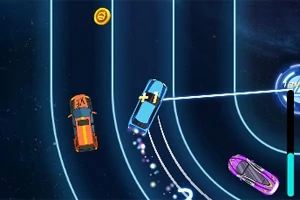 Kolme autoa kilpailee futuristisella kilparadalla sinisellä valoviivalla ja kerää kolikoita