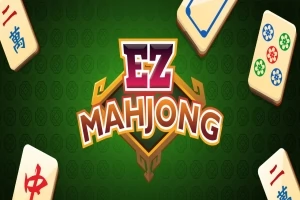 Vihreällä taustalla on teksti EZ Mahjong ja neljä erilaista Mahjong-palaa kulmissa