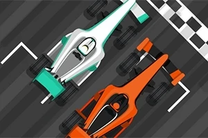 Kaksi formulatyylistä kilpa-autoa vierekkäin lähtöruudukossa, toinen valkoinen ja toinen oranssi, lähellä maaliviivaa