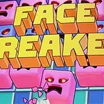 Vaaleanpunaisia kuutiohahmoja, joilla on punaiset silmät ja suuttuneet ilmeet, taustalla ja keskellä suuret, oranssin-keltaiset 3D-kirjaimet FACE BREAKER