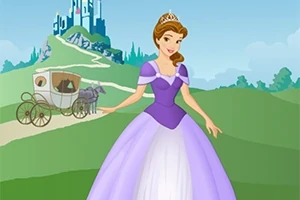 Prinsessa violettivalkoisessa mekossa ja tiarassa seisoo linnan edustalla, taustalla näkyy vaunu ja linna