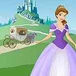 Prinsessa violettivalkoisessa mekossa ja tiarassa seisoo linnan edustalla, taustalla näkyy vaunu ja linna