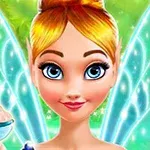 Keijuhahmo, jolla on suuret siniset silmät ja kirkkaat siivet, pitää käsissään pyöreää kulhoa vihreän taustan edessä