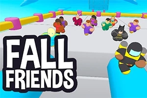 Värikkäitä piirroshahmoja juoksemassa pyöreällä alustalla, jossa on Fall Friends -teksti