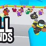 Värikkäitä piirroshahmoja juoksemassa pyöreällä alustalla, jossa on Fall Friends -teksti