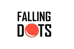 Teksti Falling Dots valkoisella taustalla, punaisen pisteen korostaessa kirjainta O