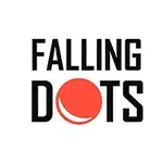 Teksti Falling Dots valkoisella taustalla, punaisen pisteen korostaessa kirjainta O